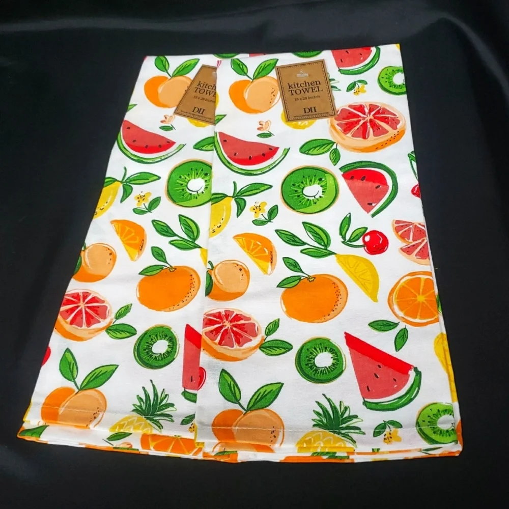 Design Imports NWT 100% Cotton Kitchen Towel Set/2 with Fruits Design